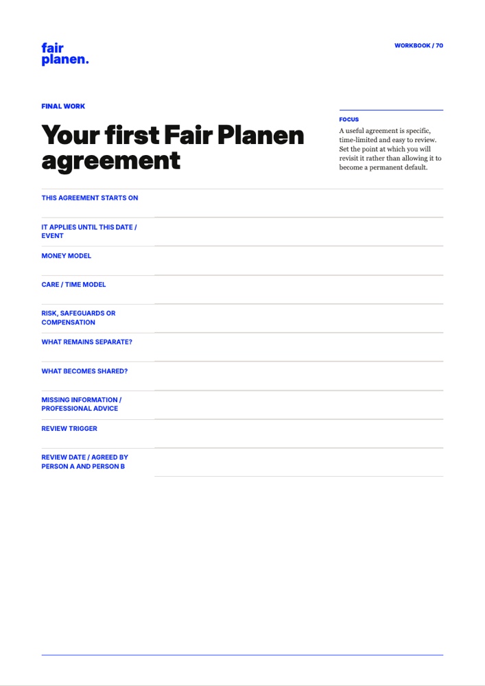 Rendered English Workbook page with the first Fair Planen agreement and review fields.